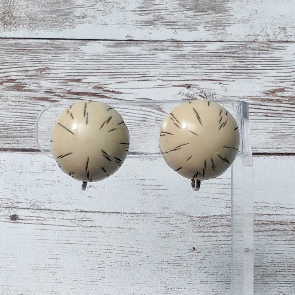Vintage Clip On Earrings Beige Domed With Design 7/8"